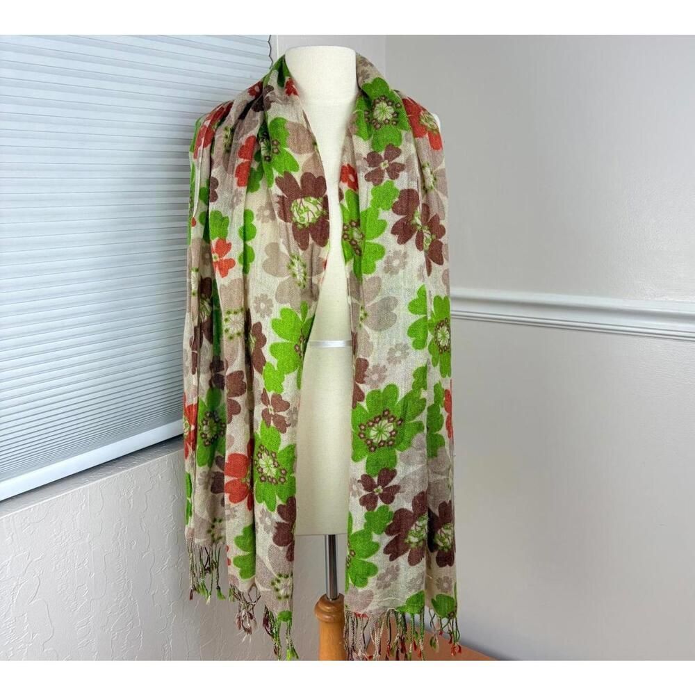 Retro Brown Fringed Wrap Scarf Retro Green Orange Brown Floral Print